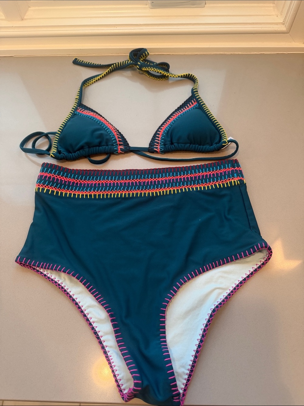 Benedetta High-Waist Teal Bikini with Contrast Stitching Top (M) and Bottoms (L)